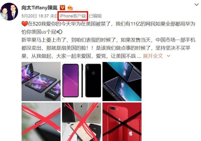 用iPhone發文「挺華為」被抓包！向太4字回應 