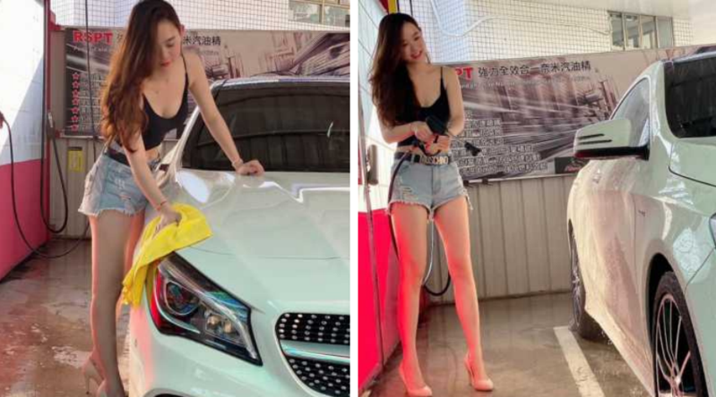 自助洗車區有正妹被網友拍下。（翻攝自爆廢公社二館）