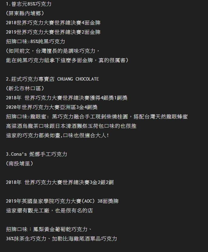 PTT網友推薦10家曾得過金牌的台灣巧克力業者。（翻攝自PTT）