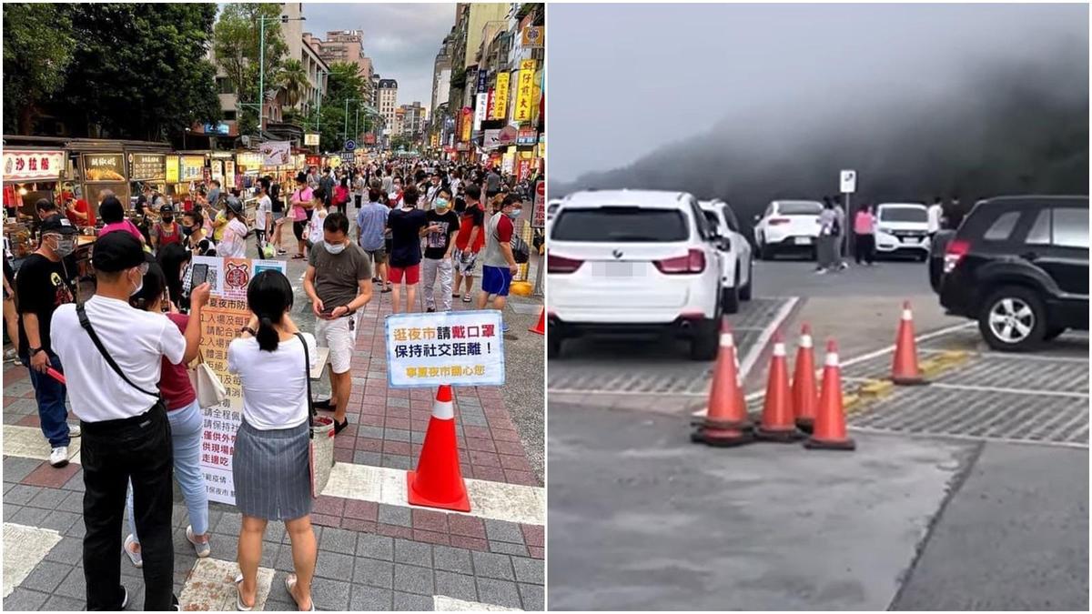 不少悶不住蠢蠢欲動的民眾就降低了戒心，各大景點慢慢出現人潮；左圖為寧夏夜市、右為武嶺亭。（翻攝自爆料公社、東森新聞）