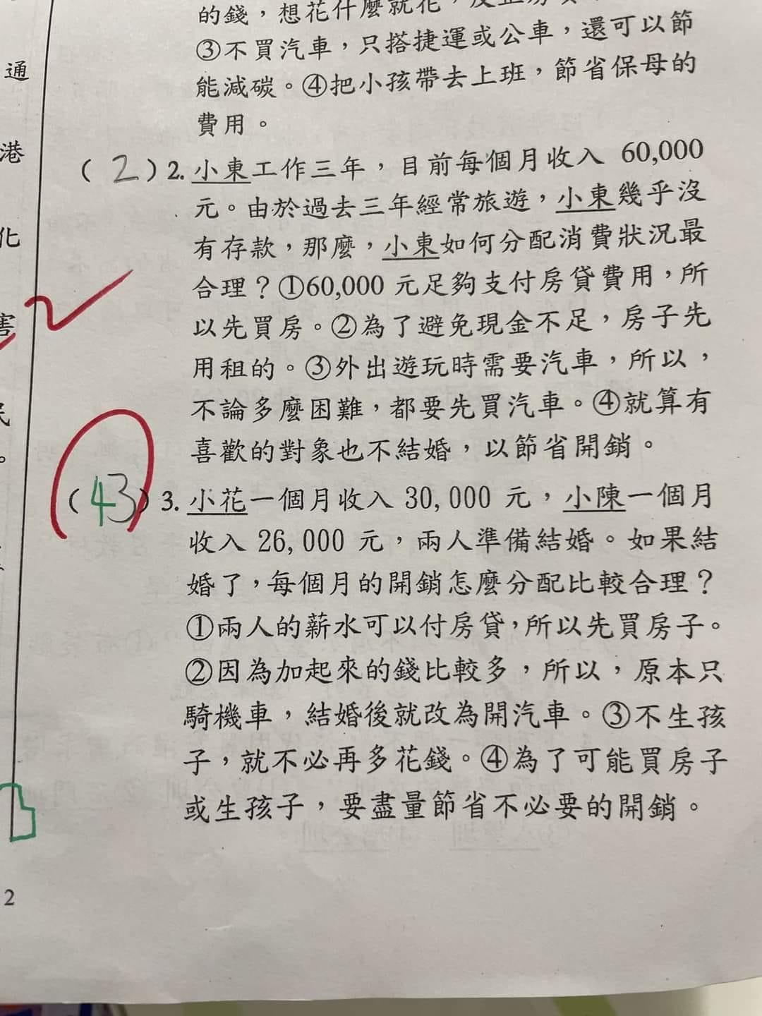 小五考題問 月薪6萬怎樣開銷才合理 答案嚇壞家長連律師都感嘆