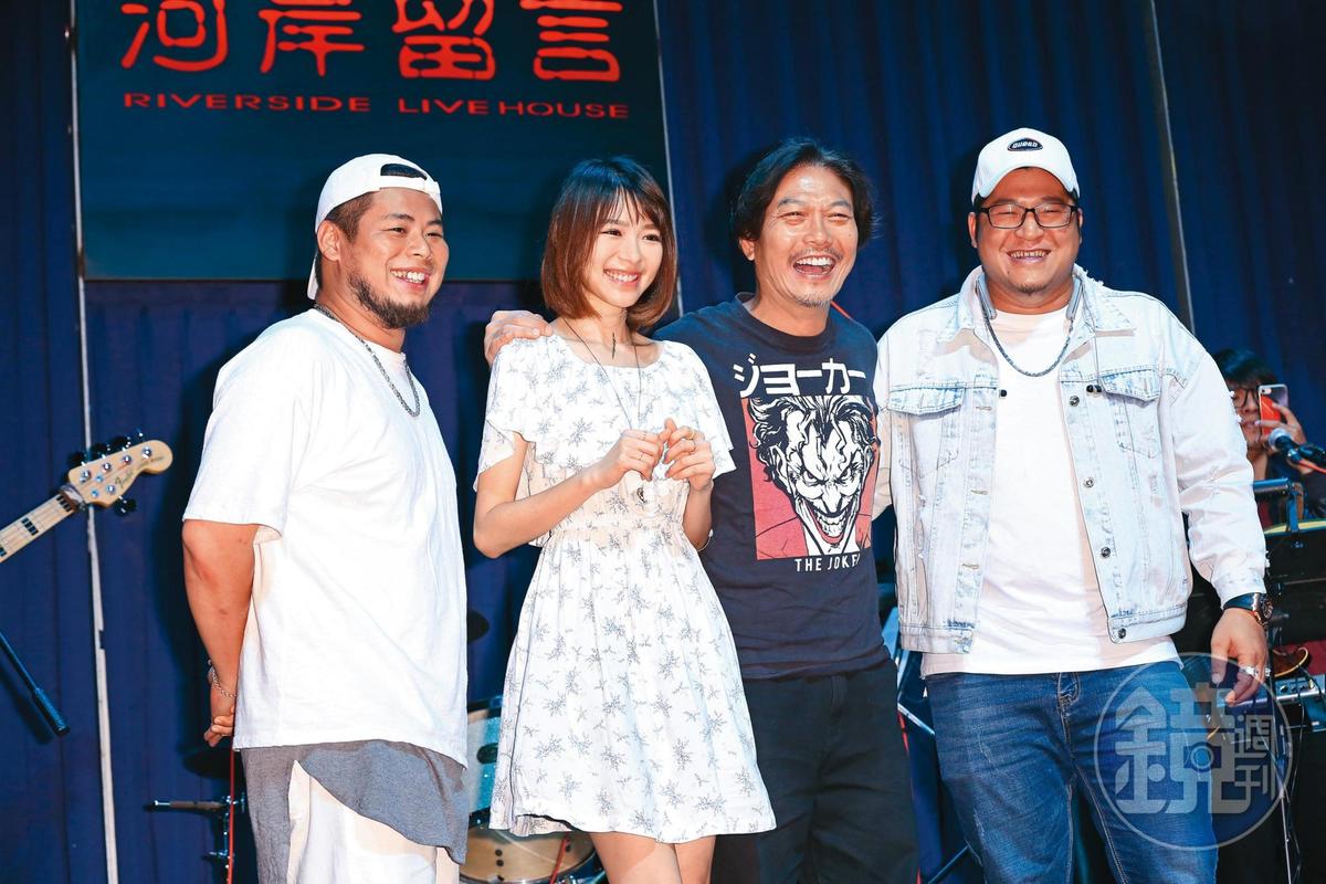 草爺（右起）、錢小豪、林明禎和游否希多年前一起出席演唱會彩排記者會