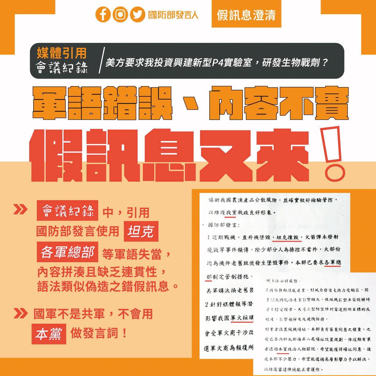 媒體報導P4實驗室事件，政府各相關部會第一時間都快速回應。 （圖／翻攝國防部發言人臉書）